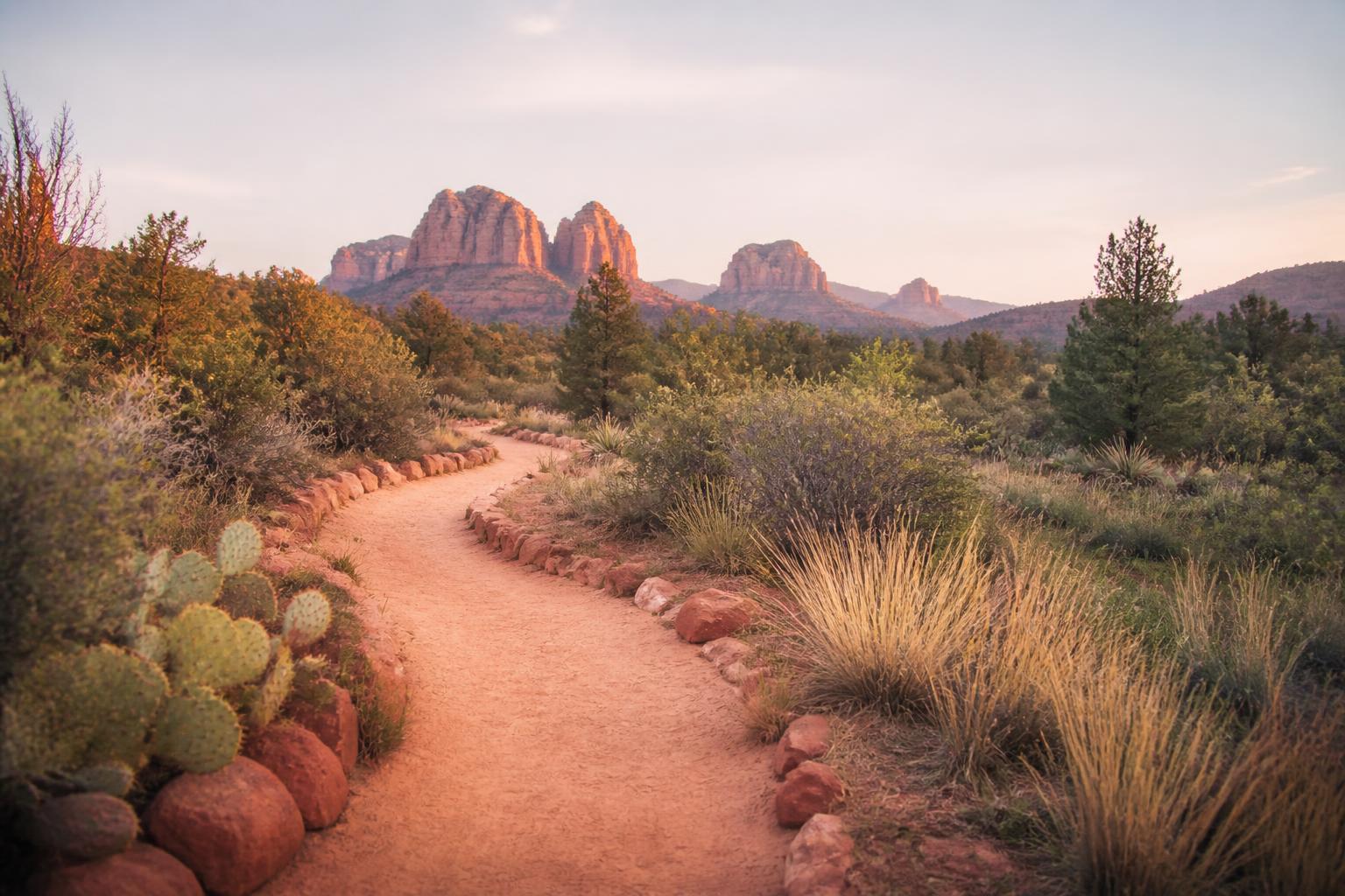 A winding path through the Arizona desert toward red rock formations